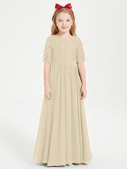 Robes de Demoiselle d'Honneur Junior en Dentelle à Demi-Manches Champagne
