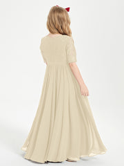 Robes de Demoiselle d'Honneur Junior en Dentelle à Demi-Manches Champagne