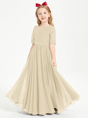 Robes de Demoiselle d'Honneur Junior en Dentelle à Demi-Manches Champagne