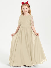 Robes de Demoiselle d'Honneur Junior en Dentelle à Demi-Manches Champagne