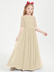 Robes de Demoiselle d'Honneur Junior en Dentelle à Demi-Manches Champagne