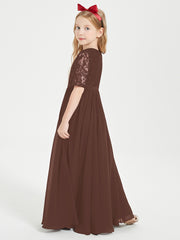 Robes de Demoiselle d'Honneur Junior en Dentelle à Demi-Manches Chocolat