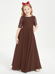 Robes de Demoiselle d'Honneur Junior en Dentelle à Demi-Manches Chocolat
