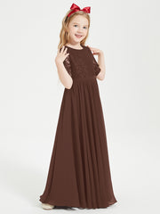 Robes de Demoiselle d'Honneur Junior en Dentelle à Demi-Manches Chocolat