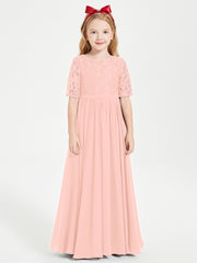 Robes de Demoiselle d'Honneur Junior en Dentelle à Demi-Manches Corail