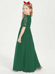 Robes de Demoiselle d'Honneur Junior en Dentelle à Demi-Manches Vert Foncé