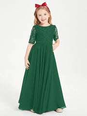 Robes de Demoiselle d'Honneur Junior en Dentelle à Demi-Manches Vert Foncé