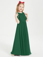 Robes de Demoiselle d'Honneur Junior en Dentelle à Demi-Manches Vert Foncé