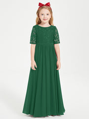 Robes de Demoiselle d'Honneur Junior en Dentelle à Demi-Manches Vert Foncé