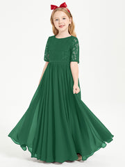 Robes de Demoiselle d'Honneur Junior en Dentelle à Demi-Manches Vert Foncé