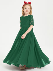 Robes de Demoiselle d'Honneur Junior en Dentelle à Demi-Manches Vert Foncé