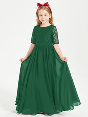 Robes de Demoiselle d'Honneur Junior en Dentelle à Demi-Manches Vert Foncé