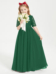 Robes de Demoiselle d'Honneur Junior en Dentelle à Demi-Manches Vert Foncé