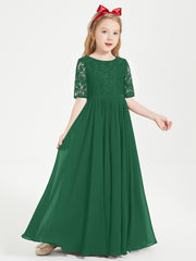 Robes de Demoiselle d'Honneur Junior en Dentelle à Demi-Manches Vert Foncé