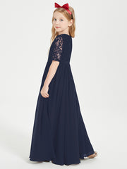 Robes de Demoiselle d'Honneur Junior en Dentelle à Demi-Manches Bleu Marine