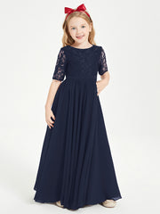 Robes de Demoiselle d'Honneur Junior en Dentelle à Demi-Manches Bleu Marine