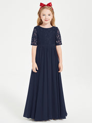 Robes de Demoiselle d'Honneur Junior en Dentelle à Demi-Manches Bleu Marine