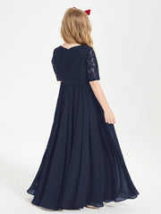 Robes de Demoiselle d'Honneur Junior en Dentelle à Demi-Manches Bleu Marine
