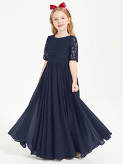 Robes de Demoiselle d'Honneur Junior en Dentelle à Demi-Manches Bleu Marine