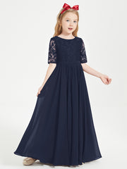 Robes de Demoiselle d'Honneur Junior en Dentelle à Demi-Manches Bleu Marine