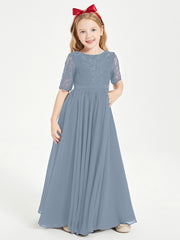 Robes de Demoiselle d'Honneur Junior en Dentelle à Demi-Manches Bleu Poudré