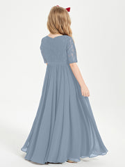Robes de Demoiselle d'Honneur Junior en Dentelle à Demi-Manches Bleu Poudré