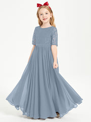 Robes de Demoiselle d'Honneur Junior en Dentelle à Demi-Manches Bleu Poudré