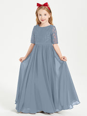 Robes de Demoiselle d'Honneur Junior en Dentelle à Demi-Manches Bleu Poudré