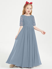 Robes de Demoiselle d'Honneur Junior en Dentelle à Demi-Manches Bleu Poudré