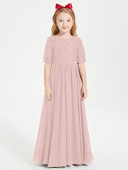 Robes de Demoiselle d'Honneur Junior en Dentelle à Demi-Manches Rose Poudré