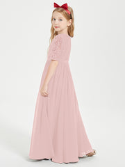 Robes de Demoiselle d'Honneur Junior en Dentelle à Demi-Manches Rose Poudré