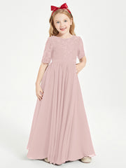 Robes de Demoiselle d'Honneur Junior en Dentelle à Demi-Manches Rose Poudré
