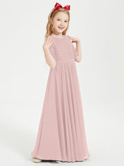 Robes de Demoiselle d'Honneur Junior en Dentelle à Demi-Manches Rose Poudré