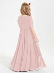 Robes de Demoiselle d'Honneur Junior en Dentelle à Demi-Manches Rose Poudré