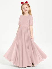 Robes de Demoiselle d'Honneur Junior en Dentelle à Demi-Manches Rose Poudré