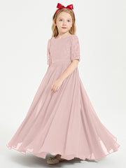 Robes de Demoiselle d'Honneur Junior en Dentelle à Demi-Manches Rose Poudré
