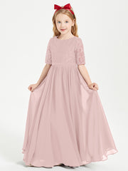 Robes de Demoiselle d'Honneur Junior en Dentelle à Demi-Manches Rose Poudré