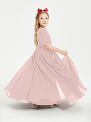 Robes de Demoiselle d'Honneur Junior en Dentelle à Demi-Manches Rose Poudré