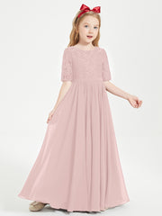 Robes de Demoiselle d'Honneur Junior en Dentelle à Demi-Manches Rose Poudré