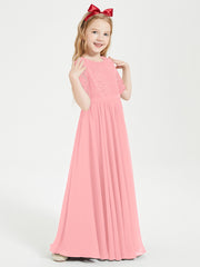 Robes de Demoiselle d'Honneur Junior en Dentelle à Demi-Manches Flamant