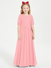 Robes de Demoiselle d'Honneur Junior en Dentelle à Demi-Manches Flamant
