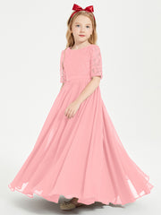 Robes de Demoiselle d'Honneur Junior en Dentelle à Demi-Manches Flamant