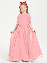Robes de Demoiselle d'Honneur Junior en Dentelle à Demi-Manches Flamant