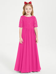 Robes de Demoiselle d'Honneur Junior en Dentelle à Demi-Manches Fuchsia