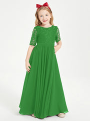 Robes de Demoiselle d'Honneur Junior en Dentelle à Demi-Manches Vert