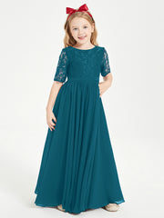 Robes de Demoiselle d'Honneur Junior en Dentelle à Demi-Manches Bleu Encre