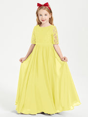 Robes de Demoiselle d'Honneur Junior en Dentelle à Demi-Manches Citron