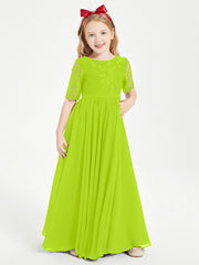 Robes de Demoiselle d'Honneur Junior en Dentelle à Demi-Manches Vert Citron