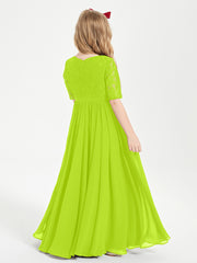 Robes de Demoiselle d'Honneur Junior en Dentelle à Demi-Manches Vert Citron