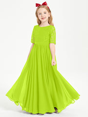 Robes de Demoiselle d'Honneur Junior en Dentelle à Demi-Manches Vert Citron